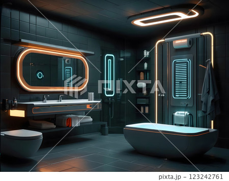 Modern Sci-fi Bathroom With Neon Lights and Futuristic Design Features 123242761