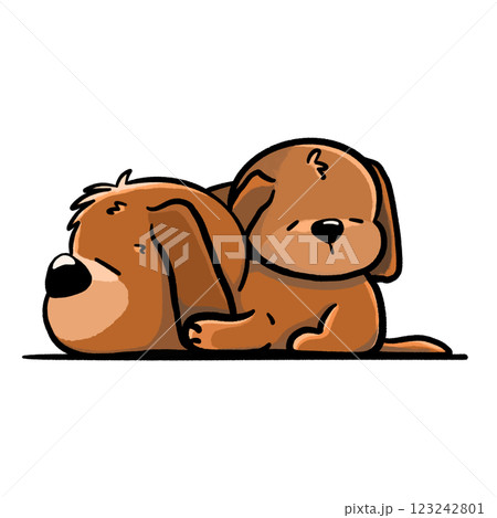Two dogs sleep overlapping cartoon illustration, brown puppies taking nap drawing 123242801