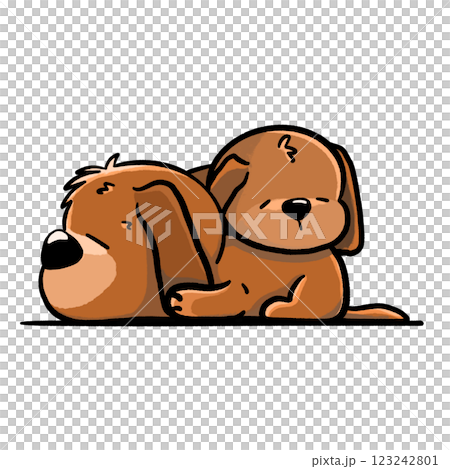 Two dogs sleep overlapping cartoon illustration, brown puppies taking nap drawing 123242801