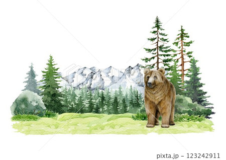 Brown bear in coniferous forest landscape watercolor vintage style illustration. Hand drawn grizzly wildlife nature scene. Big brown bear forest animal on woodland landscape with mountains background Brown bear in coniferous forest landscape watercolor vintage style illustration. Hand drawn grizzly wildlife nature scene. Big brown bear forest animal on woodland landscape with mountains background 123242911