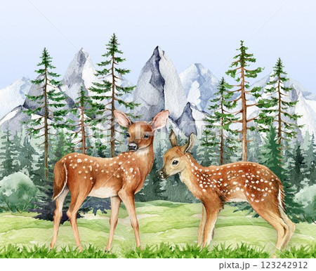Reindeer couple in wildlife nature scene watercolor illustration. Hand drawn cute fawns in coniferous forest landscape with mountain range on background. Forest animals in natural habitat 123242912