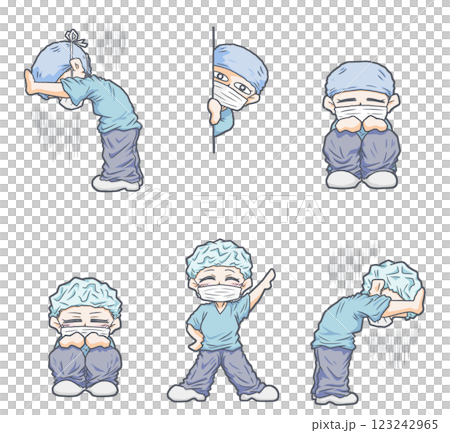 Operating room nurse standing, depressed, sitting on the floor, etc. 123242965