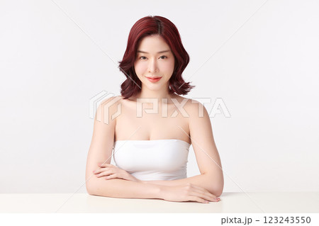 Beautiful young asian woman with clean fresh skin on white background, Face care, Facial treatment, Cosmetology, beauty and spa, Asian women portrait. 123243550