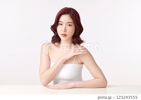 Beautiful young asian woman with clean fresh skin on white background, Face care, Facial treatment, Cosmetology, beauty and spa, Asian women portrait. 123243555