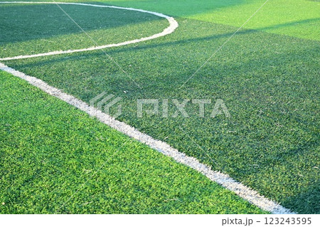 artificial green grass soccer field with white line 123243595