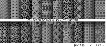 Geometric floral set of seamless patterns. Gray and black vector backgrounds. Damask graphic ornaments Geometric floral set of seamless patterns. Gray and black vector backgrounds. Damask graphic ornaments 123243967