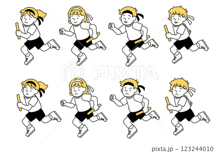リレー・徒競走・かけっこのベクターイラスト素材セット シンプル かわいい 小学生 男子 女子 123244010