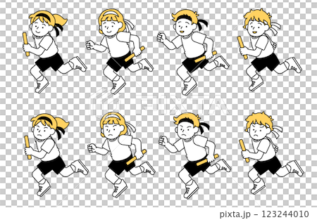 Relay, foot race, running vector illustration set Simple cute elementary school boys girls 123244010