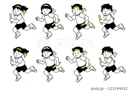 リレー・徒競走・かけっこのベクターイラスト素材セット シンプル かわいい 小学生 男子 女子 123244012