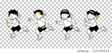 有趣的接力賽、競走賽、跑步比賽向量插畫素材簡單可愛小學生男孩女孩 123244014