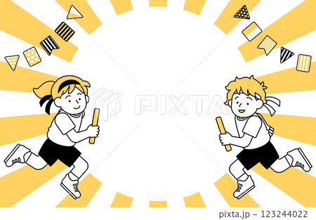 運動会・リレー・かけっこ・徒競走のフレームベクターイラスト  枠 コピースペース 体育祭 人物  123244022