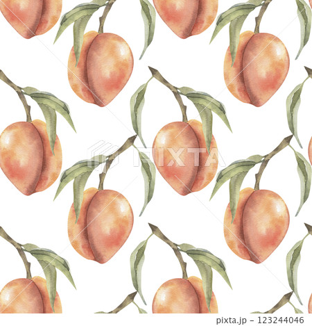 Fresh peach ripe watercolor seamless pattern. Hand drawn exotic juicy apricot background, healthy fruits for textile, fabric, stationery design 123244046