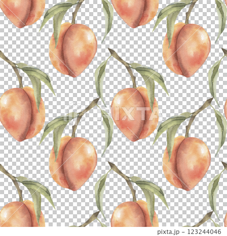 Fresh peach ripe watercolor seamless pattern. Hand drawn exotic juicy apricot background, healthy fruits for textile, fabric, stationery design 123244046
