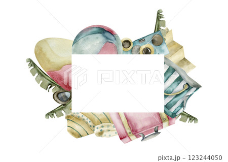 Summer beach vacation banner with copy space. Watercolor sea and ocean trip frame with retro luggage,surf,beach bag ,map and sunhat illustration for poster, web design. Hawaii tour logo 123244050