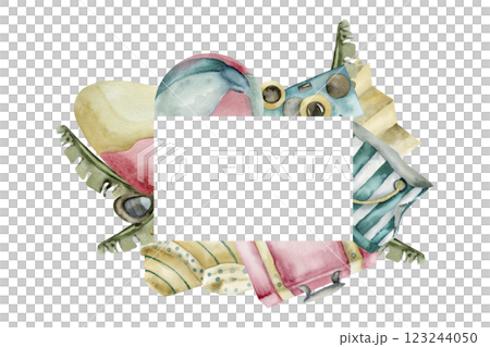 Summer beach vacation banner with copy space. Watercolor sea and ocean trip frame with retro luggage,surf,beach bag ,map and sunhat illustration for poster, web design. Hawaii tour logo 123244050