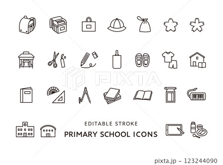小学校にまつわるアイコンセット(モノクロ) 小学校にまつわるアイコンセット(モノクロ) 123244090