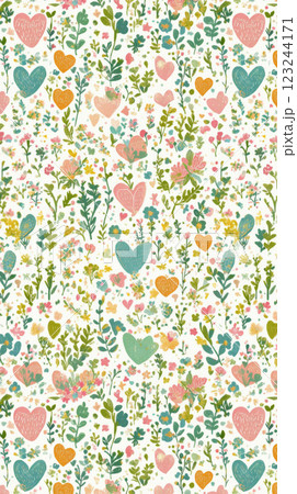 Colorful floral pattern with hearts and various plants on light background Colorful floral pattern with hearts and various plants on light background 123244171