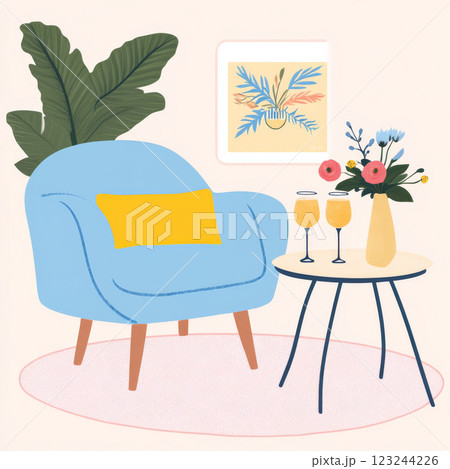 Cozy blue chair with yellow cushion, flowers, and drinks in bright room 123244226
