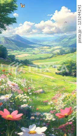 vibrant landscape with flowers, mountains, and clear sky vibrant landscape with flowers, mountains, and clear sky 123244241