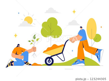 Restoration Vector Illustration featuring Tree Planting in a Forest with Green Plant Care, Watering, and Environmental Protection to Save Nature 123244305