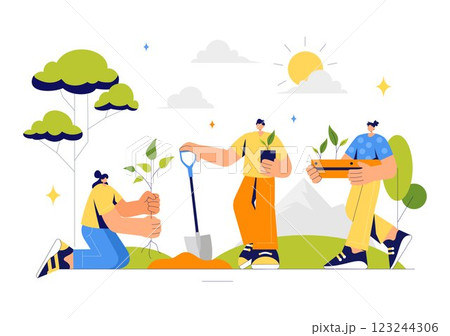 Restoration Vector Illustration featuring Tree Planting in a Forest with Green Plant Care, Watering, and Environmental Protection to Save Nature 123244306