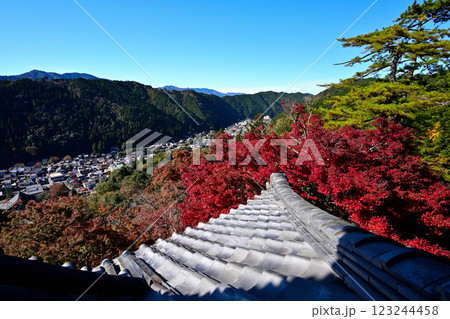 美濃国　郡上八幡城　「天守炎上」青空と紅葉の様子 123244458