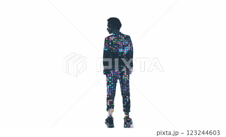 Digital business. Smart silhouette. Colorful liquid crystal glitch pixel double exposure outline of man isolated on white empty space background. Digital business. Smart silhouette. Colorful liquid crystal glitch pixel double exposure outline of man isolated on white empty space background. 123244603
