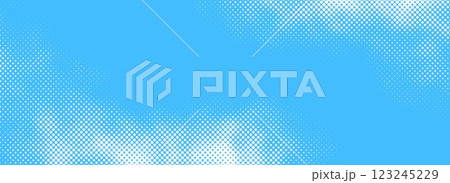 Dotted comic cloud background. Halftone clouds in bright blue sky. Pop art heaven wallpaper for banner, brochure, collage, leaflet, poster, flyer. Pixelated smoke, fog or smog texture. Vector backdrop 123245229