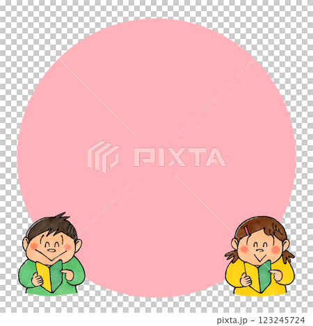 Boy and girl holding beginner's marks, copy space (pink) 123245724