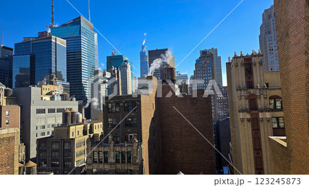 City skyline featuring modern and classic architecture, with prominent skyscrapers and urban buildings with colorful bright colors, capturing the essence of metropolitan life 123245873