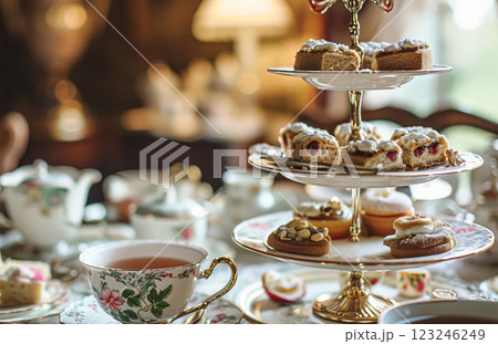 Elegant table setting for tea party with cakes and cupcakes in English manor. Selective focus. Vintage style Elegant table setting for tea party with cakes and cupcakes in English manor. Selective focus. Vintage style 123246249