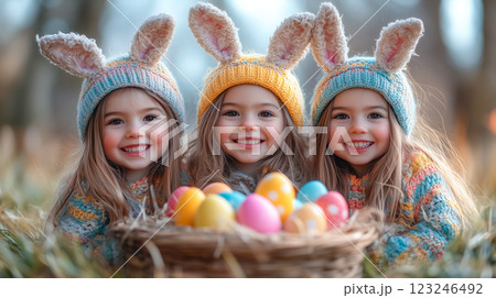 Three little girls wear bunny ears and hold a basket filled with colorful painted Easter eggs. The concept of Easter celebration, childhood joy, and festive traditions. Generative AI. 123246492