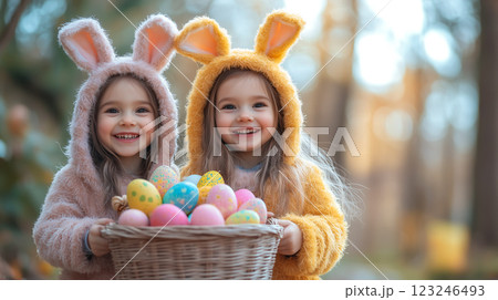 Three little girls wear bunny ears and hold a basket filled with colorful painted Easter eggs. The concept of Easter celebration, childhood joy, and festive traditions. Generative AI. 123246493