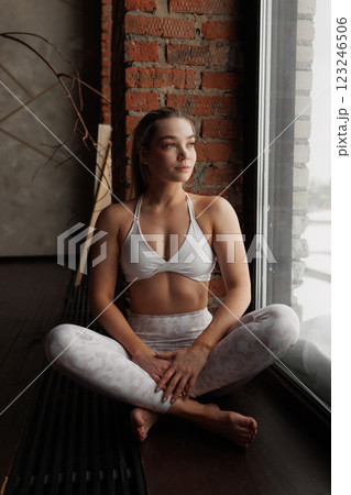 young girl doing home fitness, home workouts young girl doing home fitness, home workouts 123246506