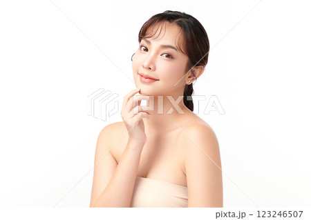 Beautiful young asian woman with clean fresh skin on white background, Face care, Facial treatment, Cosmetology, beauty and spa, Asian women portrait. 123246507