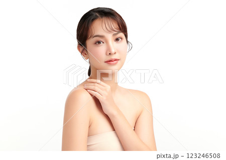 Beautiful young asian woman with clean fresh skin on white background, Face care, Facial treatment, Cosmetology, beauty and spa, Asian women portrait. 123246508