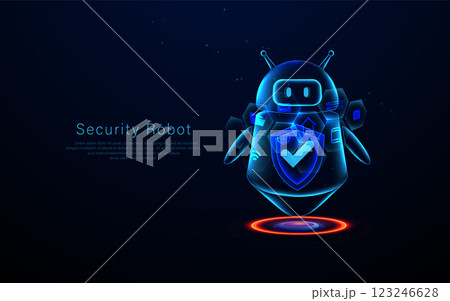 Futuristic Security Robot with Holographic Shield and Cyber Icons Futuristic Security Robot with Holographic Shield and Cyber Icons 123246628