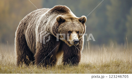 A full-bodied brown bear strides across a field of golden grass, its gaze focused, against a muted backdrop of trees and overcast sky. 123246705