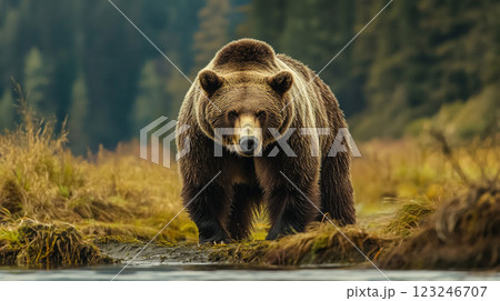 Grizzly in a serene setting, captivating with its powerful stance. Eye contact intensifies the wild essence of untamed nature. Grizzly in a serene setting, captivating with its powerful stance. Eye contact intensifies the wild essence of untamed nature. 123246707