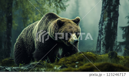 A magnificent brown bear stands powerfully in a misty forest, its fur blending with the green foliage and ethereal atmosphere. 123246717