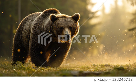 A majestic brown bear strides through a sun-drenched forest, embodying the raw beauty and untamed spirit of the wilderness. A majestic brown bear strides through a sun-drenched forest, embodying the raw beauty and untamed spirit of the wilderness. 123246718