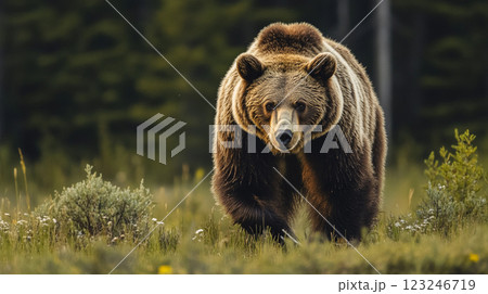 Majestic brown bear approaches, illuminated by soft light in a grassy meadow with a dense forest backdrop, eyes locked on the viewer. 123246719