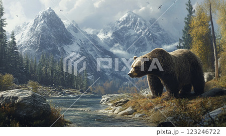 Majestic bear in a serene mountain landscape, reflecting nature's raw beauty. A scenic vista with snow-capped peaks and lush forestry. 123246722