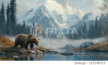 Brown bear in a misty mountain landscape, foraging for food by a serene river. Majestic peaks provide a stunning backdrop. Brown bear in a misty mountain landscape, foraging for food by a serene river. Majestic peaks provide a stunning backdrop. 123246723