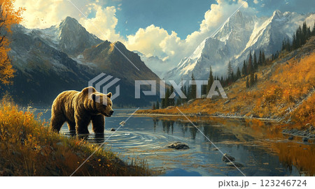 A majestic brown bear stands in a serene mountain lake, surrounded by autumn colors and towering peaks under a partly cloudy sky. 123246724