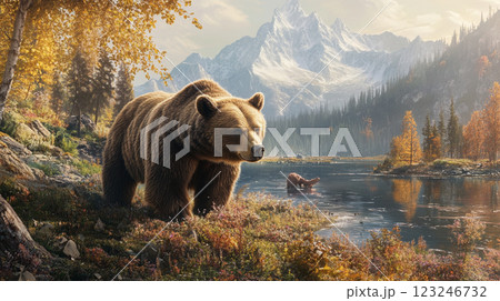 Grizzly bear in a scenic wilderness, with snow-capped mountains and a tranquil lake. A second bear bathes in the water. 123246732