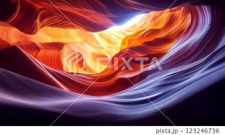 Sunlit sandstone formations showcase warm hues of orange and yellow blending into cool purple shades inside a beautiful canyon. 123246736