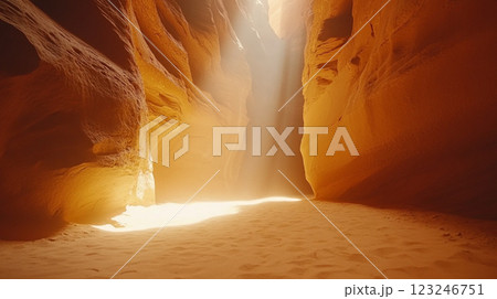Sunlight streams into a golden canyon, illuminating the sandy floor and rock walls, creating a striking contrast of light and shadow. 123246751