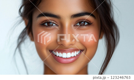 Radiant woman with a warm smile. Captivating eyes and beautiful skin glow with health and happiness. Expressing natural beauty. 123246763