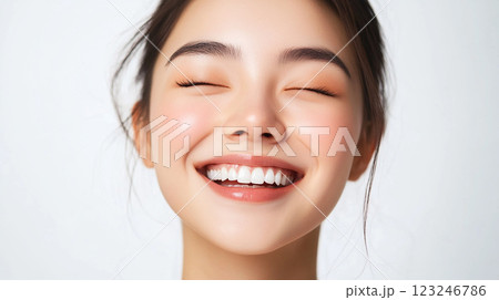 Radiant smile on fair skin, eyes closed, showcasing healthy teeth. Pure joy and self-care. Enhancing natural beauty with cosmetic procedures. 123246786